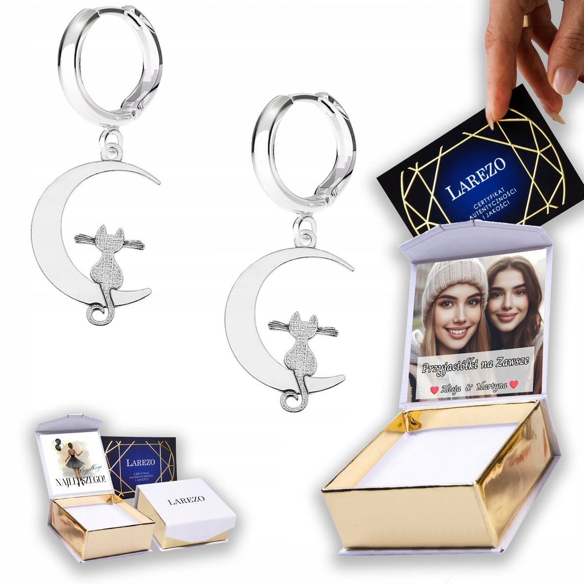 Kolczyki Srebrne 925 Kotki Koty na Półksiężycu Księżyc Półksiężyce NADRUK