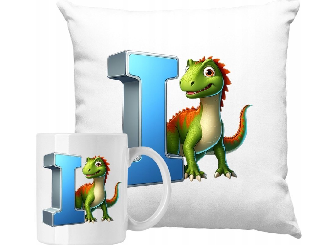ZESTAW PODUSZKA + KUBEK Dino Dinozaur Litera I Pomysł Na Prezent +IMIĘ