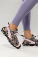 Sandały damskie - Szare sandały trekkingowe damskie na elastycznej bieżnikowanej podeszwie z regulowaną elastyczną sznurówką zakryta pięta różowe wstawki Casu 2307-10W - miniaturka - grafika 1