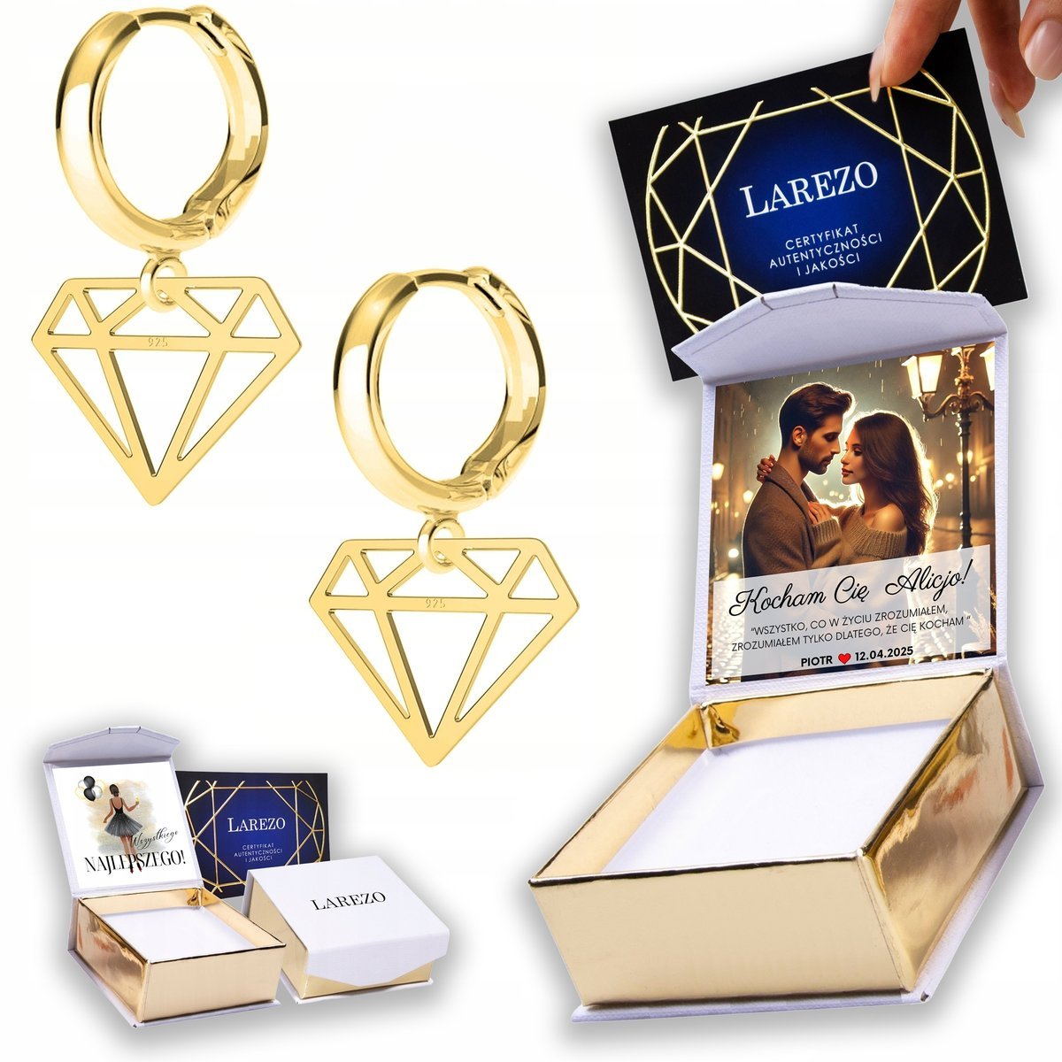 Złote Kolczyki 925 Diamenty Klejnoty Blaszka Diament Diamencik NADRUK