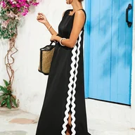 Sukienki - TEMU Elegancka czarna sukienka midi bez rękawów z bocznym rozcięciem - stylowy okrągły wycięcie, jednokolorowa, idealna na i wiosnę, moda dla kobiet - miniaturka - grafika 1