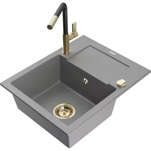 Mexen Enzo zlewozmywak granitowy 1-komorowy z ociekaczem i baterią kuchenną Flora, szary - Zlewozmywaki z baterią - miniaturka - grafika 1