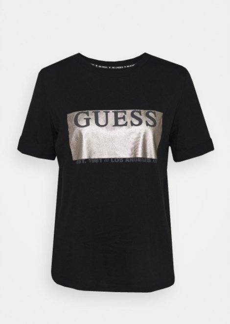 Guess T-Shirt Czarny ze Srebrnym Logo Damski XS N_f