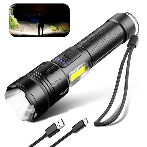 AiQInu Latarka LED do wielokrotnego ładowania, 10000 lumenów, COB bardzo jasna latarka, latarka USB, 4 tryby świecenia, zoom, wodoszczelność IPX4, na kemping, na zewnątrz
