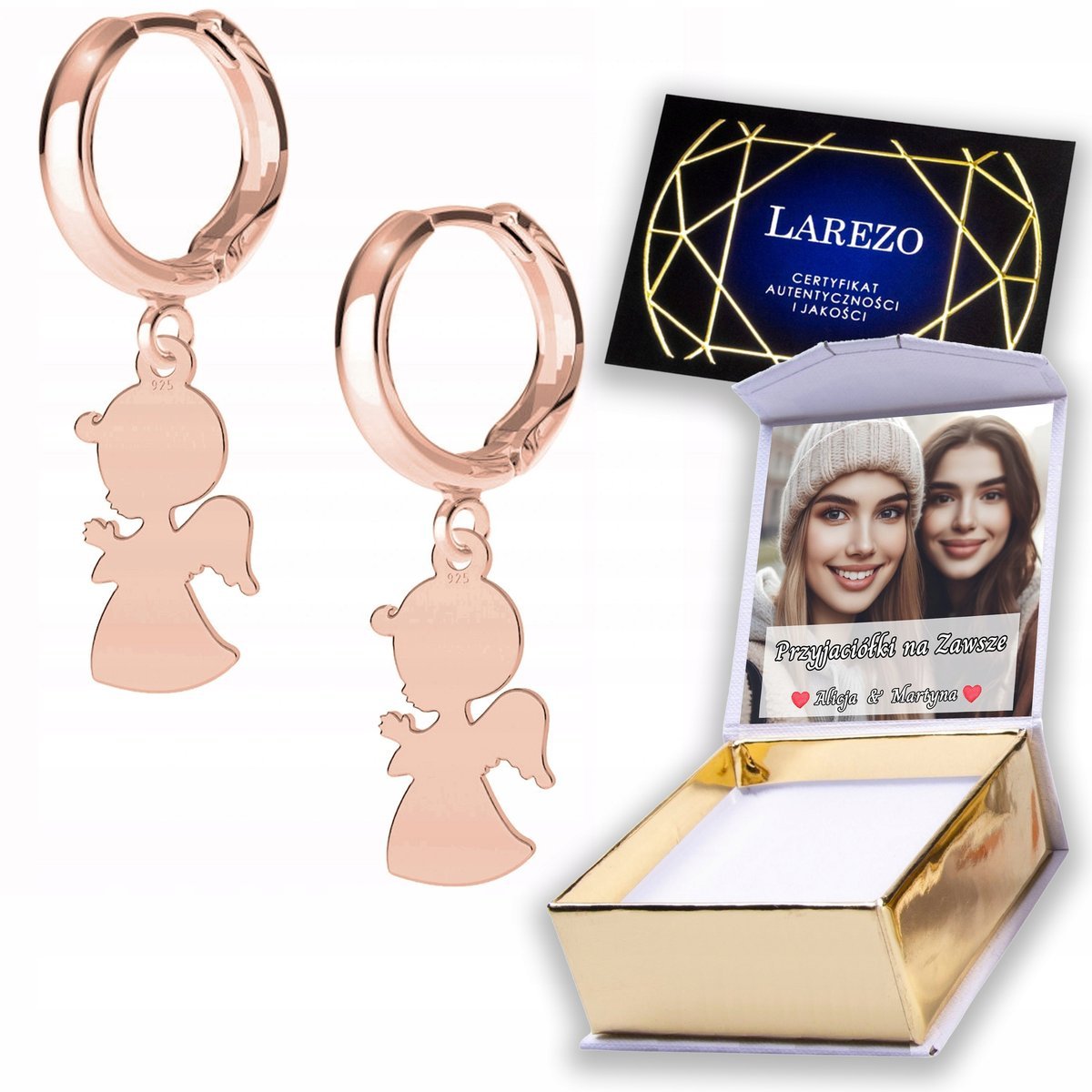 Kolczyki Pozłacane 925 Anioły Chłopiec Aniołki Angel Anioł Stróż NADRUK