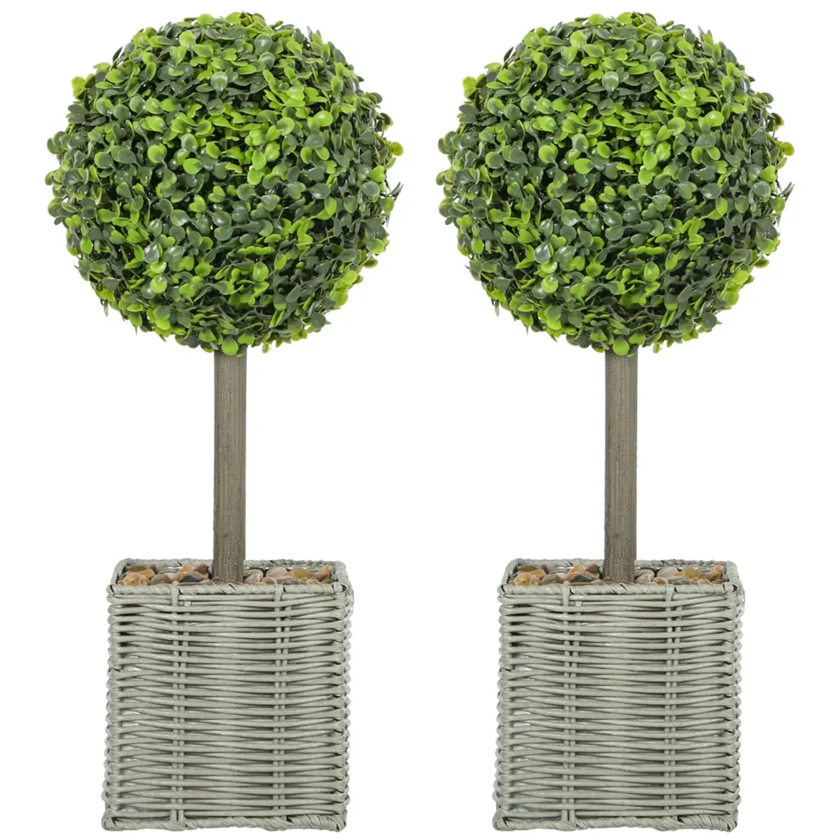 HOMCOM Zestaw 2 sztucznych kul bukszpanowych 50 cm, sztuczne rośliny z ozdobnymi kamykami, plastikowe sztuczne rośliny w doniczkach, sztuczne drzew..