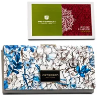 Portfele - PETERSON Skórzany duży lakierowany portfel damski szary z niebieskim kwiatowym motywem portmonetka na zatrzask i bigiel rozbudowany pojemny pudełko .. - miniaturka - grafika 1