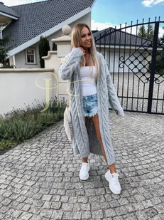 DŁUGI SWETER KARDIGAN CARMENA SPLOT WARKOCZ + PASEK  POLSKI PRODUCENT J&K PREMIUM -  JASNY SZARY - Swetry damskie - miniaturka - grafika 1