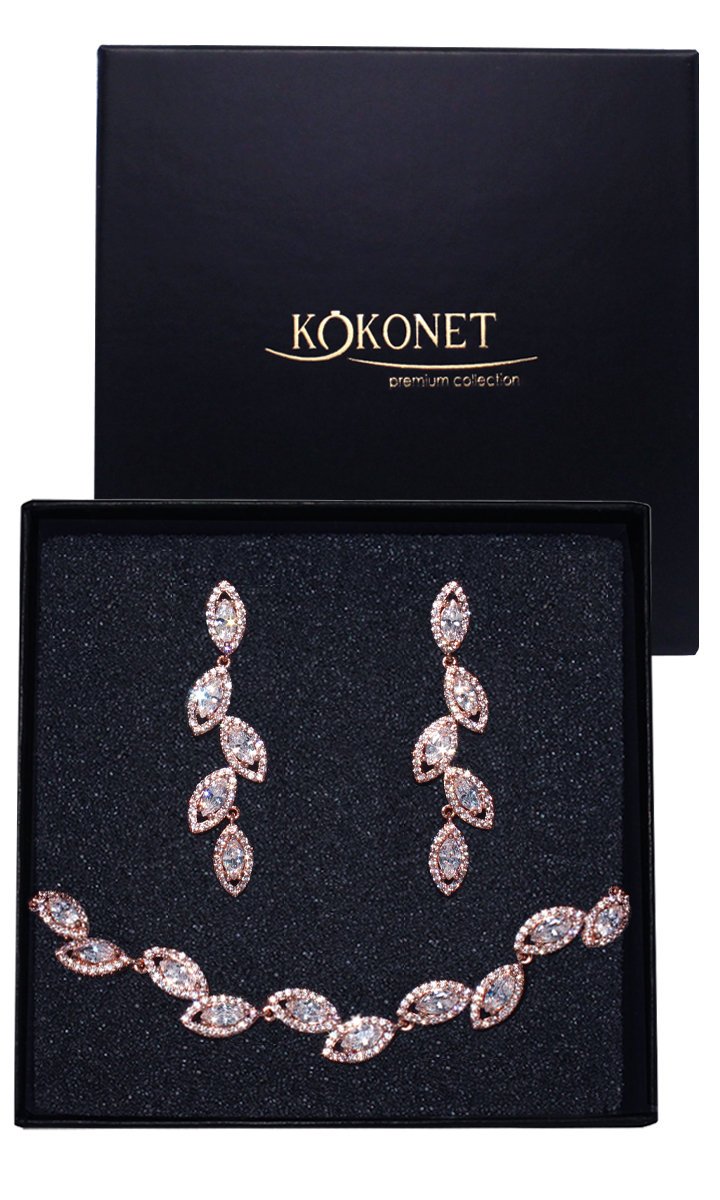 KOMPLET ślubny kolczyki bransoletka RÓŻOWE złoto listki kryształki