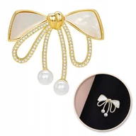 Broszki - Broszka ozdobna złota KOKARDKA masa perłowa i cyrkonie BZ197 - miniaturka - grafika 1