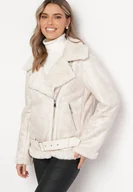 Kurtki damskie - Jasnobeżowa Kurtka Pilotka z Asymetrycznym Zapięciem i Futerkiem Simuna - miniaturka - grafika 1