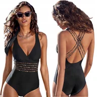 Stroje kąpielowe - JEDNOCZĘŚCIOWY STRÓJ KĄPIELOWY DAMSKI WYSZCZUPLAJĄCY KOSTIUM BOHO DEKOLT L - miniaturka - grafika 1