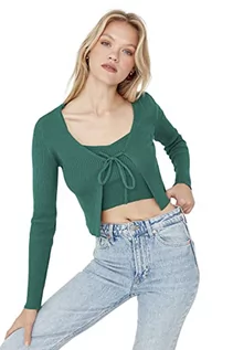 Swetry damskie - Trendyol Damski sweter z okrągłym dekoltem, gładki dopasowany kardigan, zielony, M (2 sztuki), ZIELONY, M - grafika 1