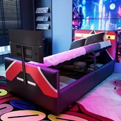 Łóżka dla dzieci i młodzieży - Łóżko dziecięce z pojemnikiem 90 x 200 cm ze stojakiem pod TV i diodami LED - Skóra ekologiczna - Czarny + różowy (Materac nie jest wliczony w cenę) - miniaturka - grafika 1