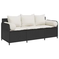 Sofy ogrodowe - vidaXL Sofa ogrodowa z poduszkami, 3-osobowa, czarna, polirattan - miniaturka - grafika 1