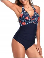 Stroje kąpielowe - Strój kąpielowy jednoczęściowy modelujący kwiaty granatowy marszczony L - miniaturka - grafika 1