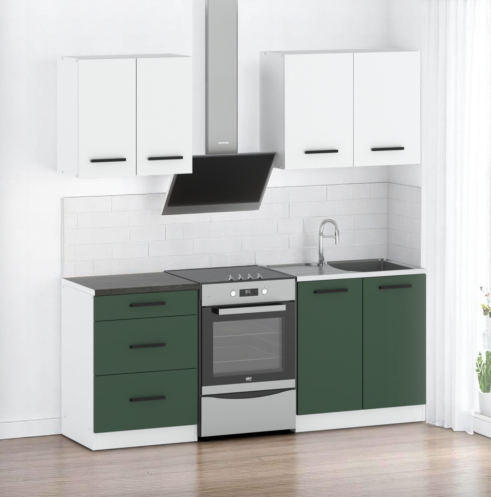 Meble Kuchenne Białe Butelkowa Zieleń Rest 2.0m Zestaw Nowoczesny Modułowy