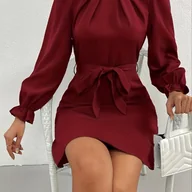 Sukienki - TEMU Damska szara sukienka z falbankami i rękawami z falbankami, z wyciętym stanem i wiązaniem w talii - dopasowana, wszechstronna moda, odzież na co - miniaturka - grafika 1