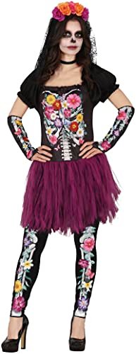 FIESTAS GUIRCA Kostium Szkielet Kwiatowy Dzień Zmarłych - Zawiera sukienkę, rękawy i legginsy - Kostium damski na Halloween Rozmiar 42-44 L