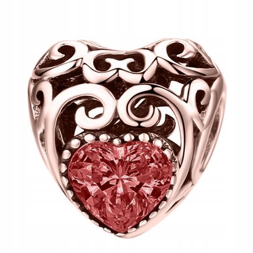 Charms Pozłacany Bordowy Kamień w Sercu Czerwone Serce Serduszko SREBRO 925