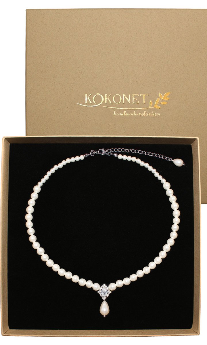 SREBRNA kolia perłowa naszyjnik ELEGANCKI vintage modny regulowany ŁEZKA