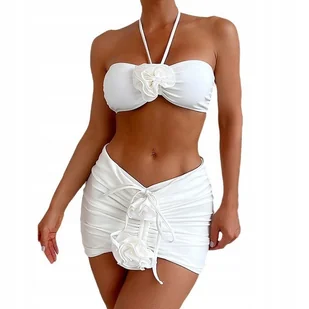 Strój Kąpielowy Bikini 3-Częściowy Z Ozdobnymi Kwiatami Wiązany Biały L - Stroje kąpielowe Strój Kąpielowy Bikini 3-Częściowy Z Ozdobnymi Kwiatami Wiązany Biały L - Stroje kąpielowe - miniaturka - grafika 1