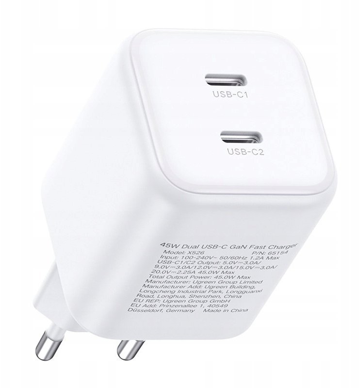 Ładowarka Ugreen Ładowarka Dual USB-C GaN 45W X526 biały 65154