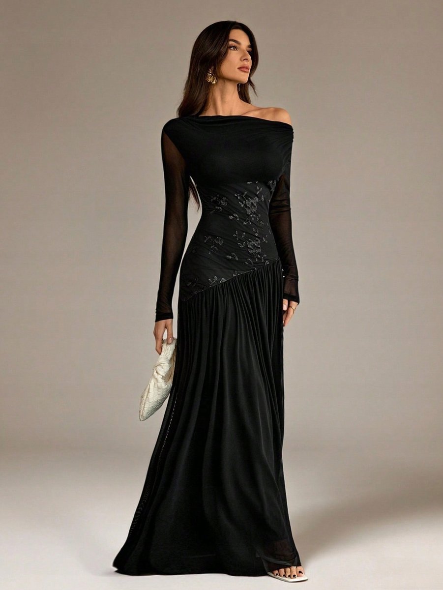 SHEIN TALL CZARNA ELEGANCKA SUKIENKA MAXI Z HAFTEM I DŁUGIM RĘKAWEM s 1MA