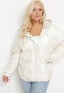 Kurtki damskie - Biała Kurtka Pikowana z Kapturem i Kieszeniami o Pudełkowym Kroju Eravinna - miniaturka - grafika 1