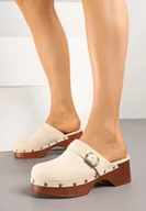 Klapki i japonki damskie - Beżowe Klapki na Obcasie w Stylu Chodaków z Klamrami Galitelia - miniaturka - grafika 1