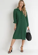 Sukienki - Ciemnozielona Koszulowa Sukienka Midi z Plisowanej Tkaniny z Guzikami Safira - miniaturka - grafika 1