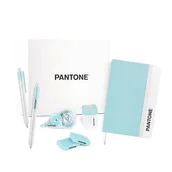 Długopisy - PANTONE™ Pastel Gift Box - Zestaw artykułów piśmienniczych i szkolnych z białą wstążką, 10 mt, czarny długopis żelowy 0,7 mm 4 sztuki, temperówka z zbiornikiem, notatnikiem i 2 gumkami - miniaturka - grafika 1