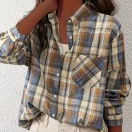 Koszule damskie - TEMU Bluzka Damska Elegancka w Kratę - Koszula z Długim Rękawem w Kolorze Niebiesko-Beżowym, Nieelastyczna, Formalna i Codzienna do Biura, - miniaturka - grafika 1