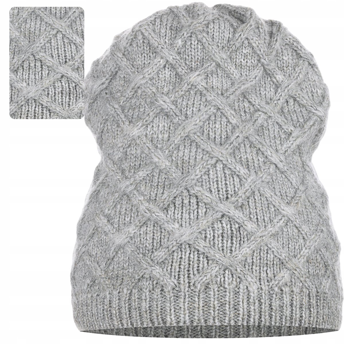 Czapka Damska Kobieca Beanie Ciepła Jesienna Zimowa Ozdobna Szary