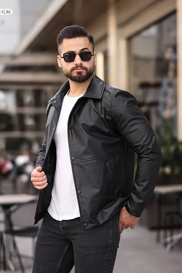 MĘSKA KURTKA LAKIEROWANA CZARNA W STYLU MINIMALISTYCZNYM XL 5IA