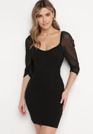 Sukienki - Czarna Bawełniana Dopasowana Sukienka Mini z Przeźroczystymi Rękawami 3/4 Ferdiana - miniaturka - grafika 1