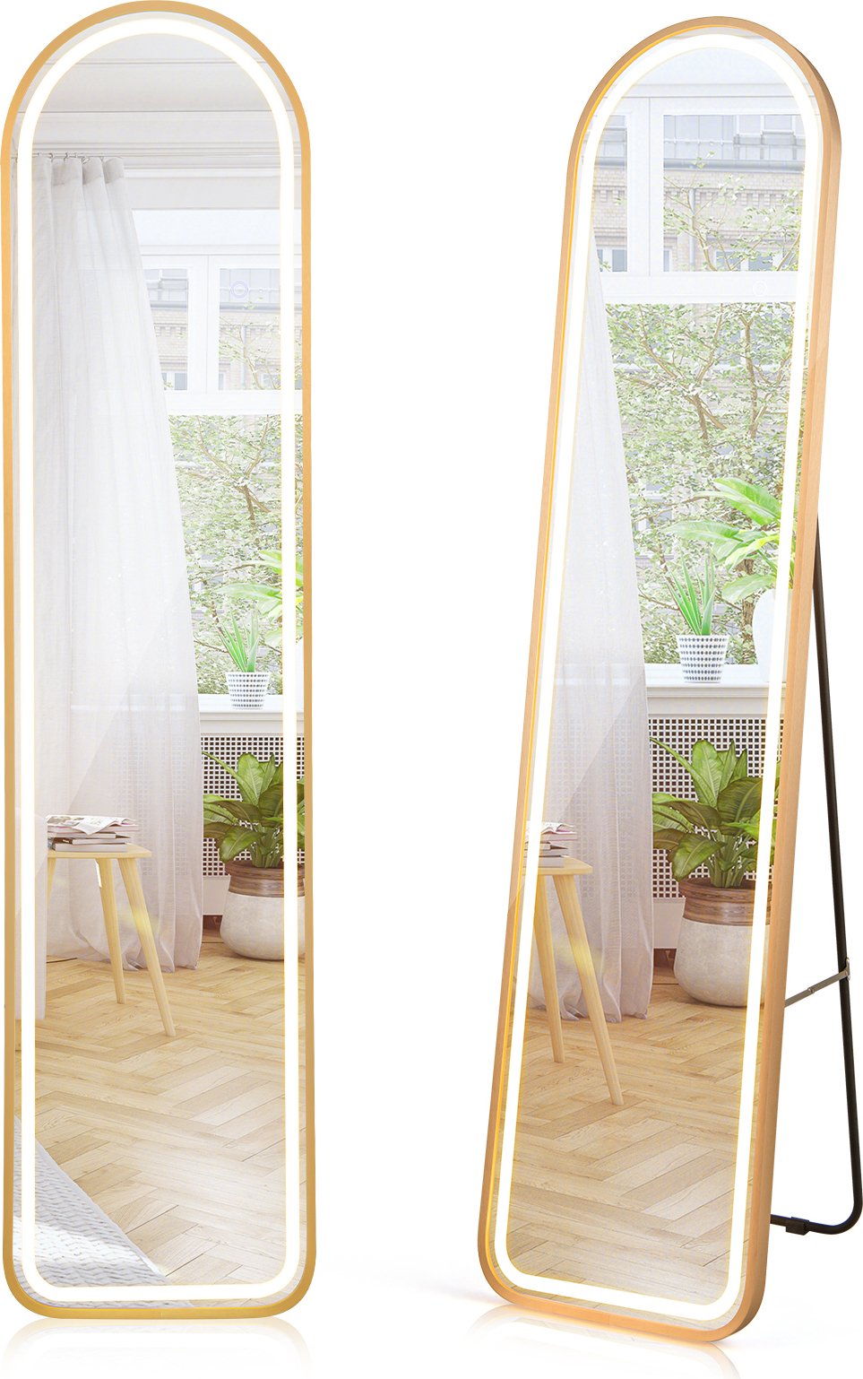 COSTWAY lustro 155 cm, okrągłe lustro stojące, lustro ścienne ze złotą aluminiową ramą i folią przeciwwybuchową, lustro wiszące na drzwiach do przedpokoju, sypialni, salonu