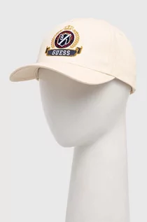 Czapki męskie - Guess czapka z daszkiem bawełniana kolor beżowy z aplikacją - grafika 1