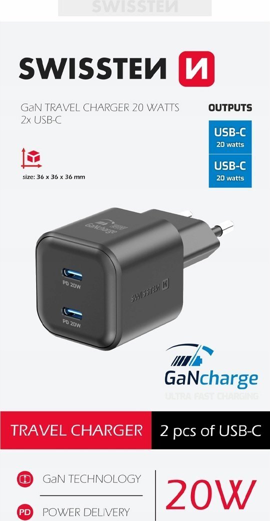 Swissten GaN PD 2x USB-C Travel Charger 20W
