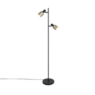 Lampy stojące - QAZQA Designerska lampa podłogowa czarna ze złotym 2-światłem - Stijn - miniaturka - grafika 1