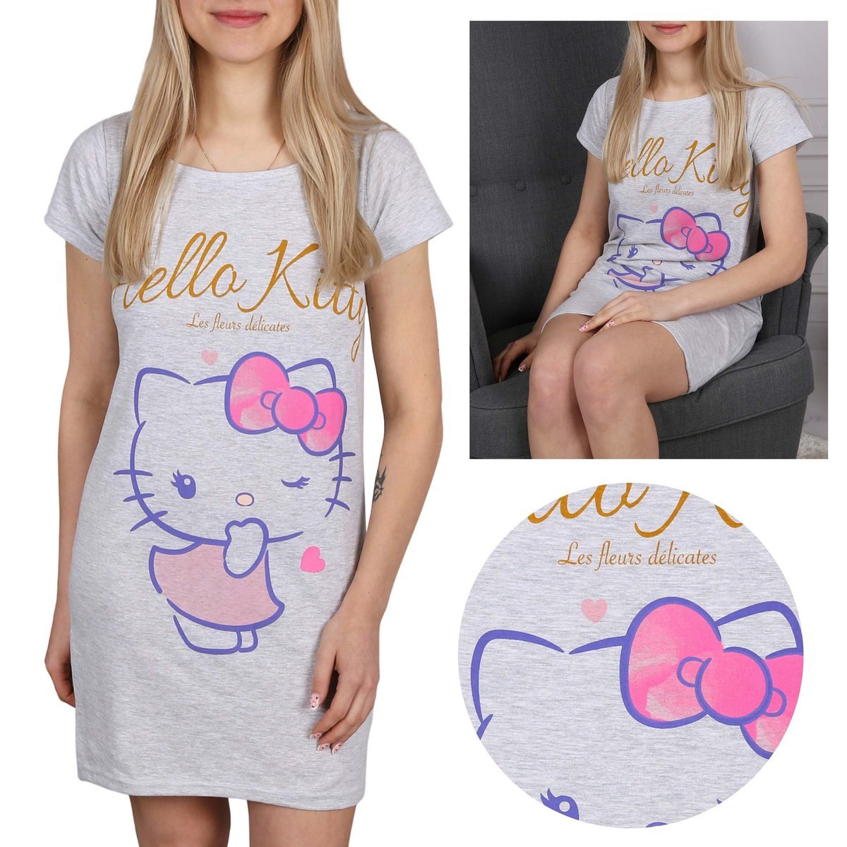 Hello Kitty Szara, damska koszulka nocna, bawełniana koszulka do spania XS