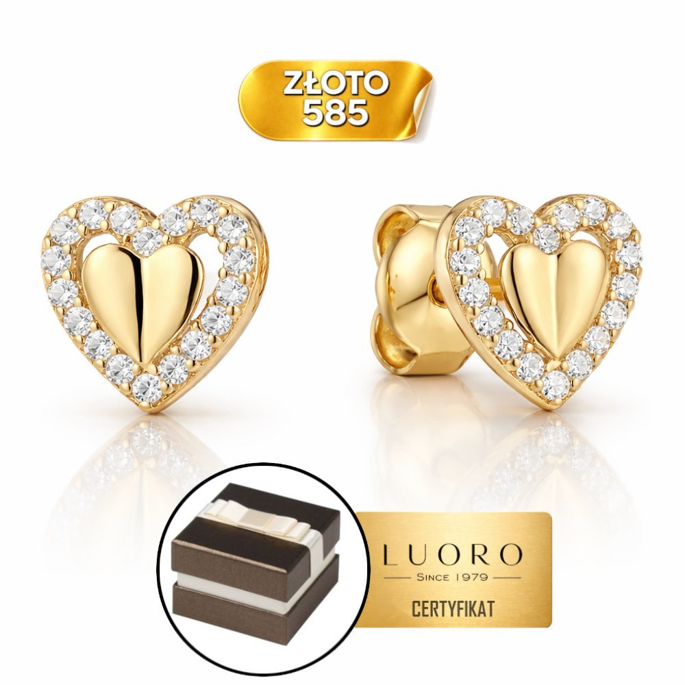 KOLCZYKI ZŁOTE 585 14K WYPUKŁE SERCA Z CYRKONIĄ SZTYFT 8 MM ELEGANCKIE