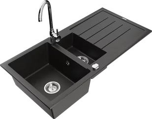 Mexen Andres zlewozmywak granitowy 1,5-komorowy z ociekaczem i baterią kuchenną Telma, czarny/złoty - 6515-75-670200-00 - Zlewozmywaki z baterią - miniaturka - grafika 1