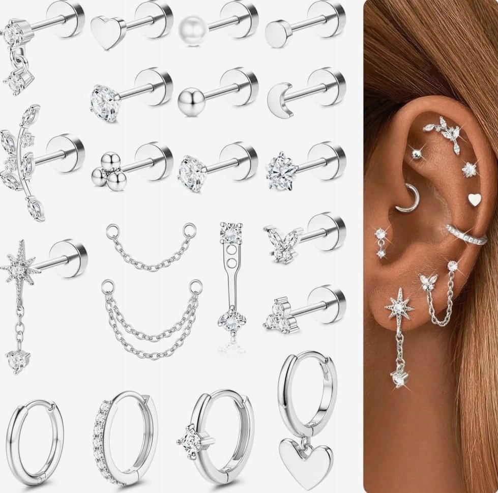 KOLCZYKI 21 SZTUK STAL CHIRURGICZNA ZESTAW BIŻUTERIA UCHA HELIX TRAGUS