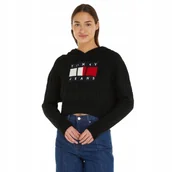 Swetry damskie - TOMMY HILFIGER DAMSKI SWETER TJW CENTER FLAG CABLE HOODIE CZARNY r.M - miniaturka - grafika 1