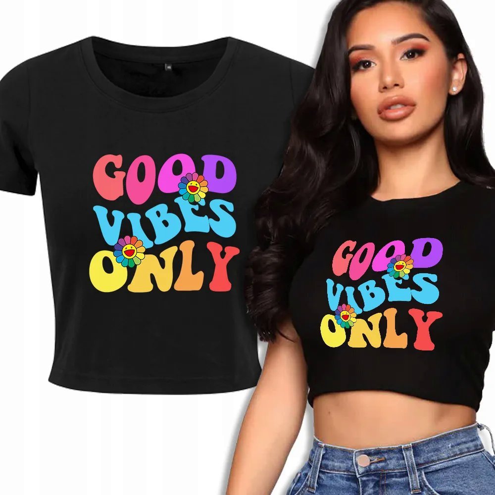 Top Krótka Koszulka Damska GOOD VIBES ONLY Wzory M