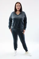 Dresy damskie - Welurowy dres w serek Miriam Grafitowy UNI MAŁY - miniaturka - grafika 1