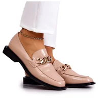 Mokasyny damskie - Vinceza Skórzane Mokasyny Loafery Z Łańcuchem Beżowe Killen beżowy złoty - miniaturka - grafika 1