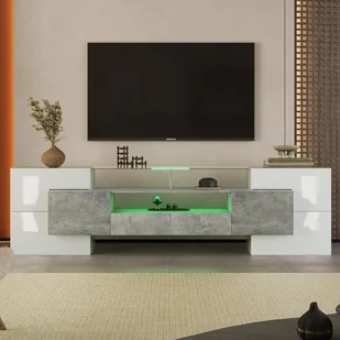 Fortuna Lai Nowoczesna szafka RTV 200 cm wysoki połysk - z oświetleniem LED, 6 drzwi, 2 szuflady, 3 przegrody, szklana powierzchnia - szary - Szafki RTV - miniaturka - grafika 1