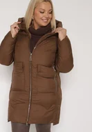 Kurtki damskie - Brązowa Długa Pikowana Kurtka z Nieodpinanym Kapturem Mevessia - miniaturka - grafika 1